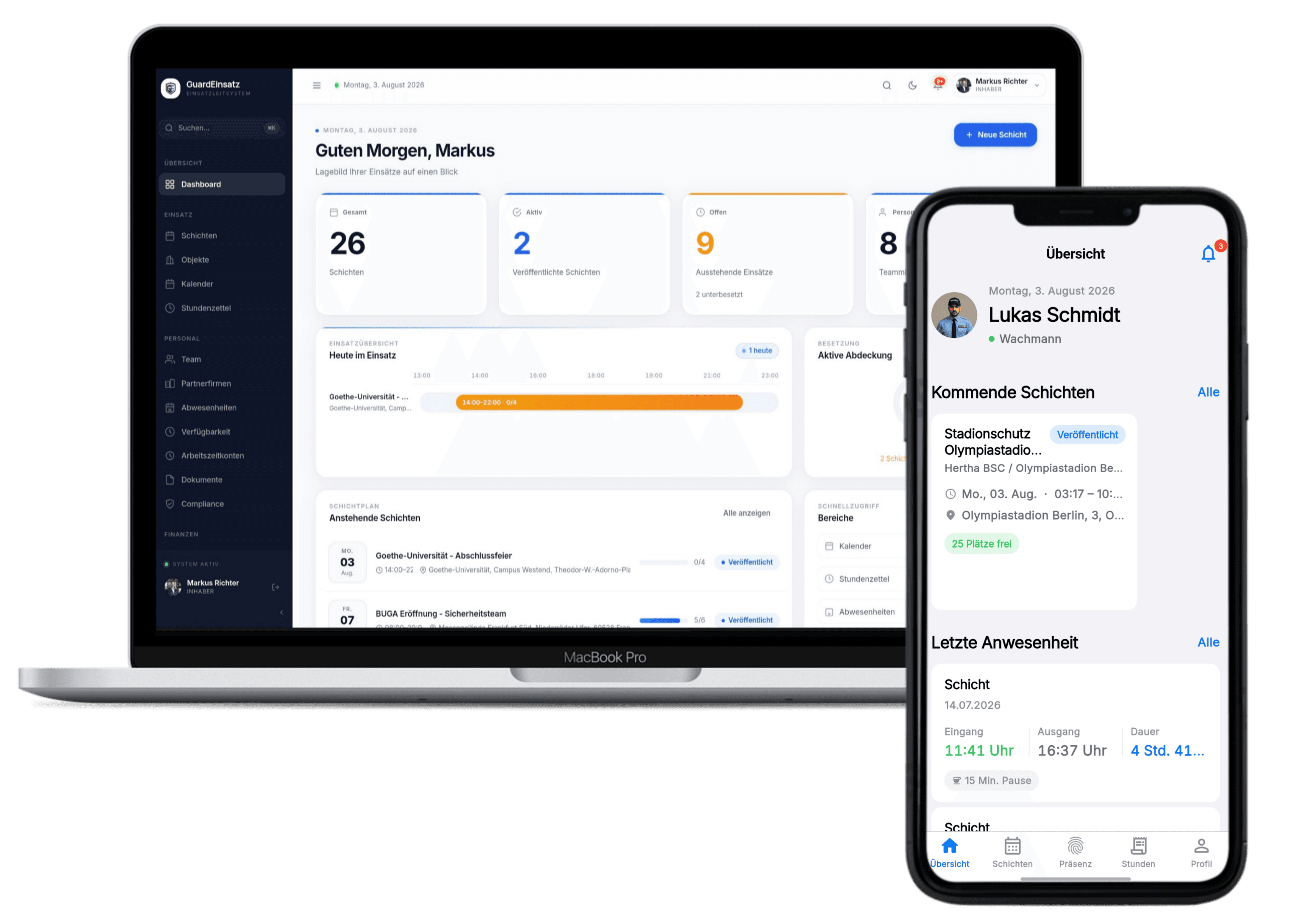 GuardEinsatz Dashboard auf einem MacBook, daneben die mobile App mit Schichtübersicht und Anwesenheit