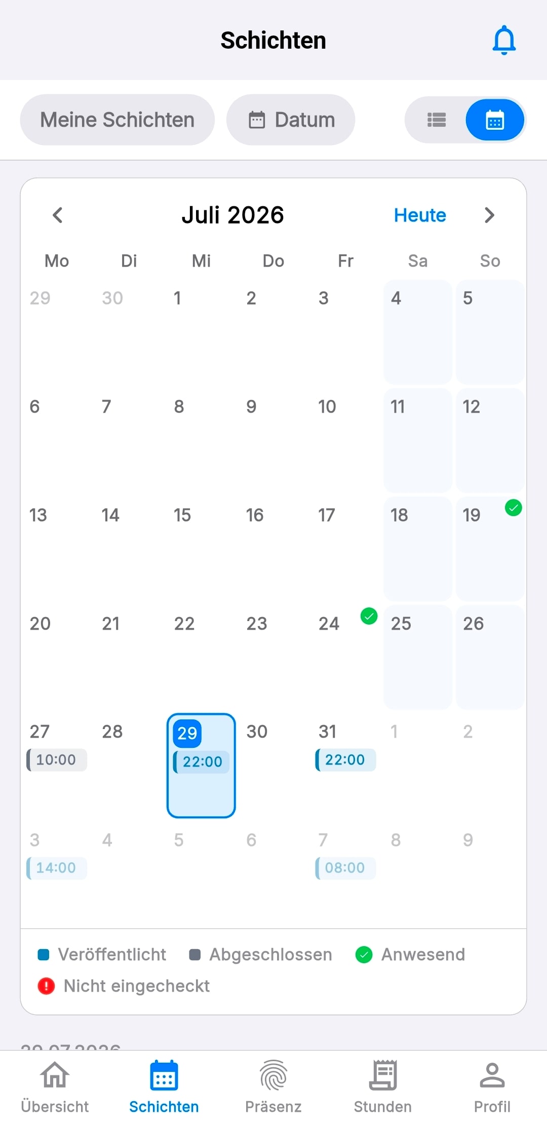 GuardEinsatz app: monthly calendar with your own shifts