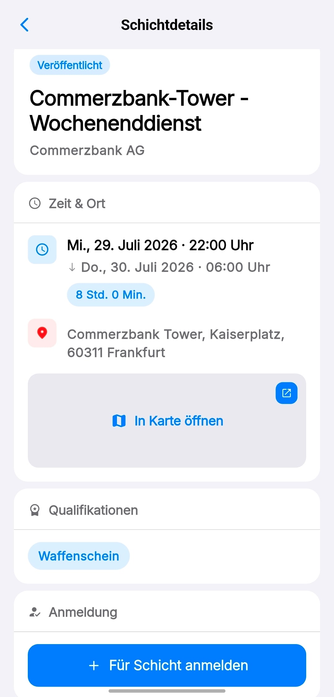 GuardEinsatz app: detailed view of a shift with times, site and status