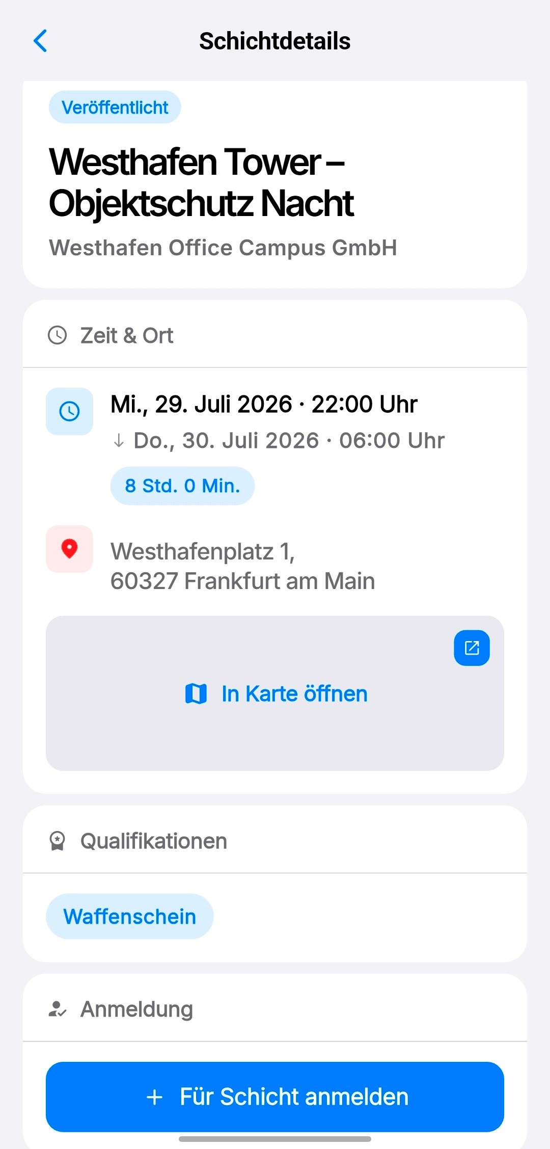 GuardEinsatz App: Detailansicht einer Schicht mit Zeiten, Objekt und Status