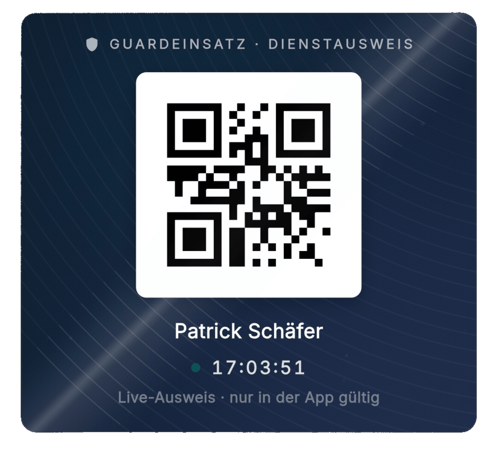 Digital GuardEinsatz duty pass with QR code, employee name and live clock